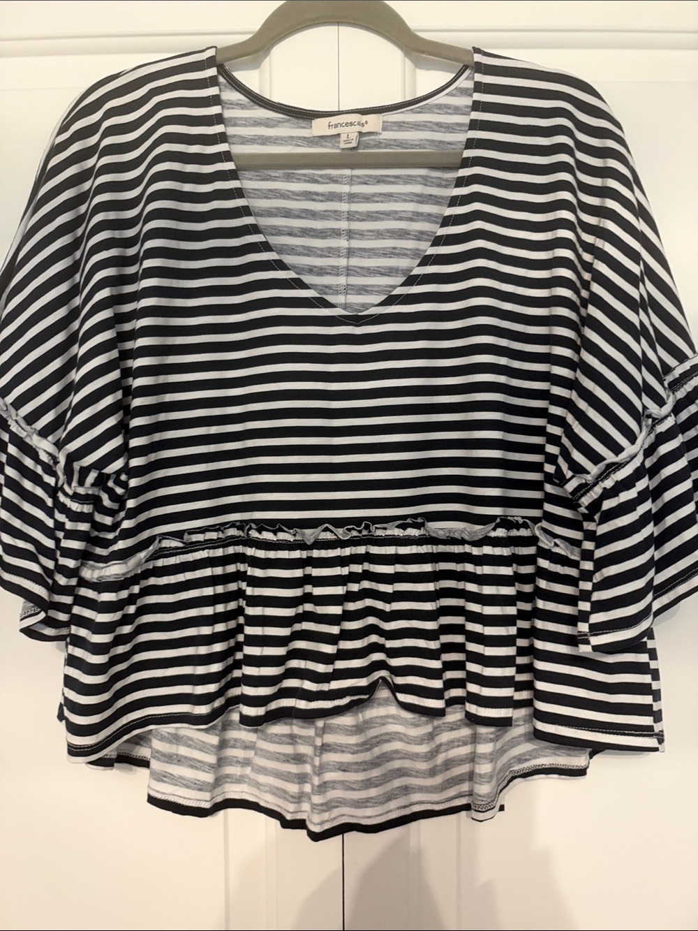 Francesca's Collections Black & White Striped V-Neck Ruffle Peplum Top